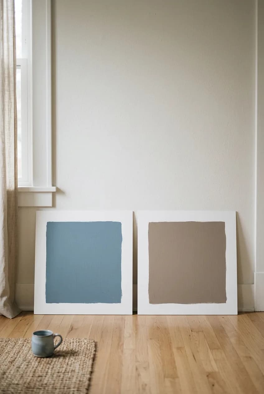 Two large movable paint swatches on white boards, showing the two-coat method with a white border for how to test paint colors accurately.
