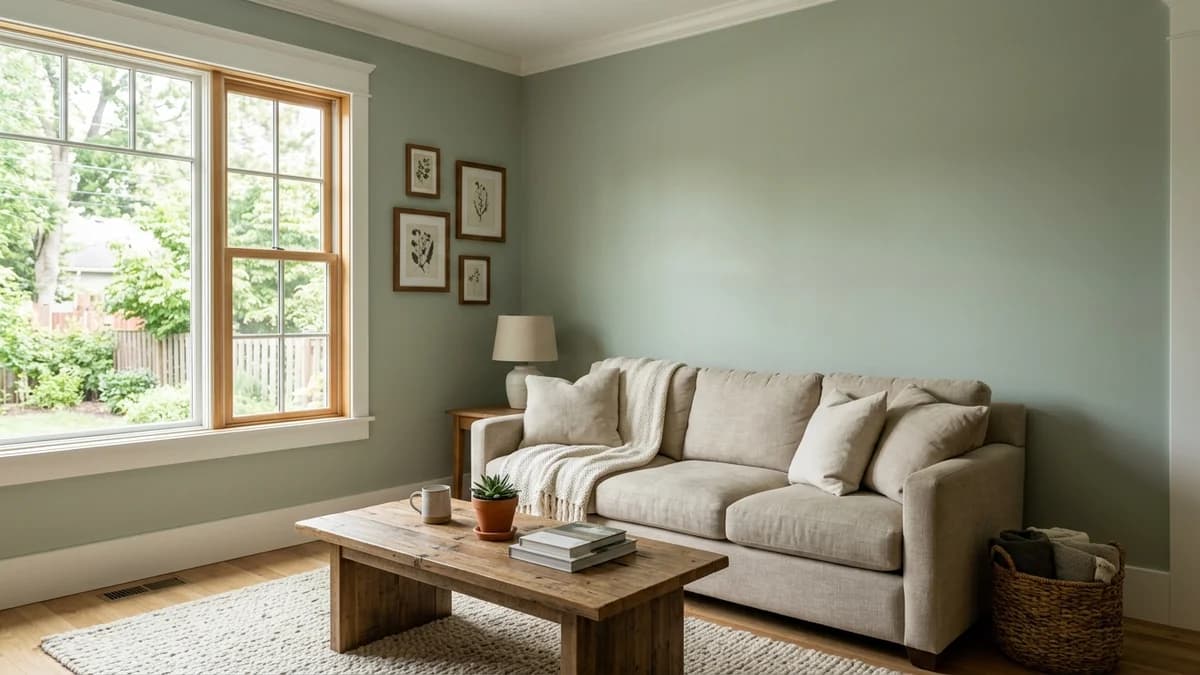 A finished living room showing the successful result of learning how to test paint colors properly, with walls painted a perfect sage green.