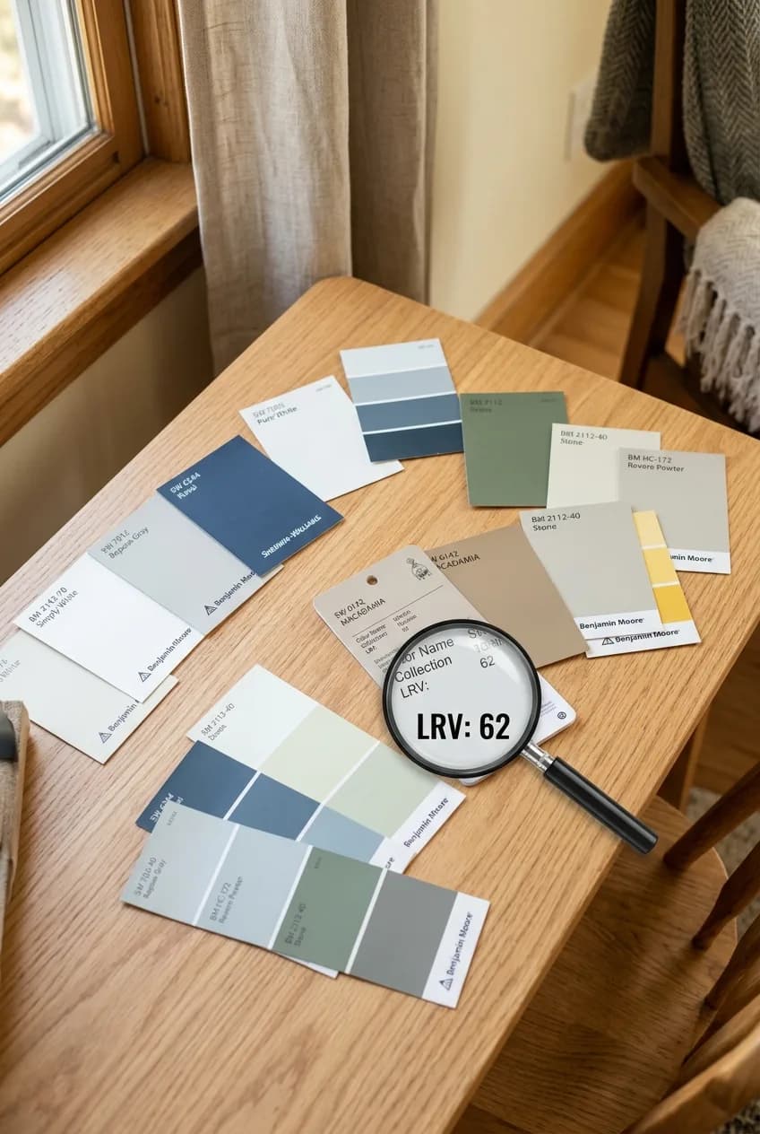 A demonstration of where to find the Light Reflectance Value (LRV) on the back of a paint swatch card.