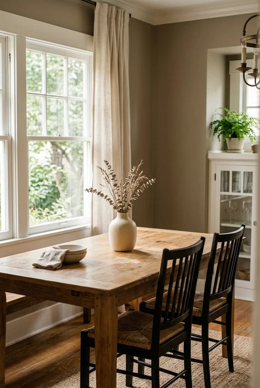 A sunny dining room painted with a mid-range light reflectance value color to reduce glare and create a comfortable atmosphere.