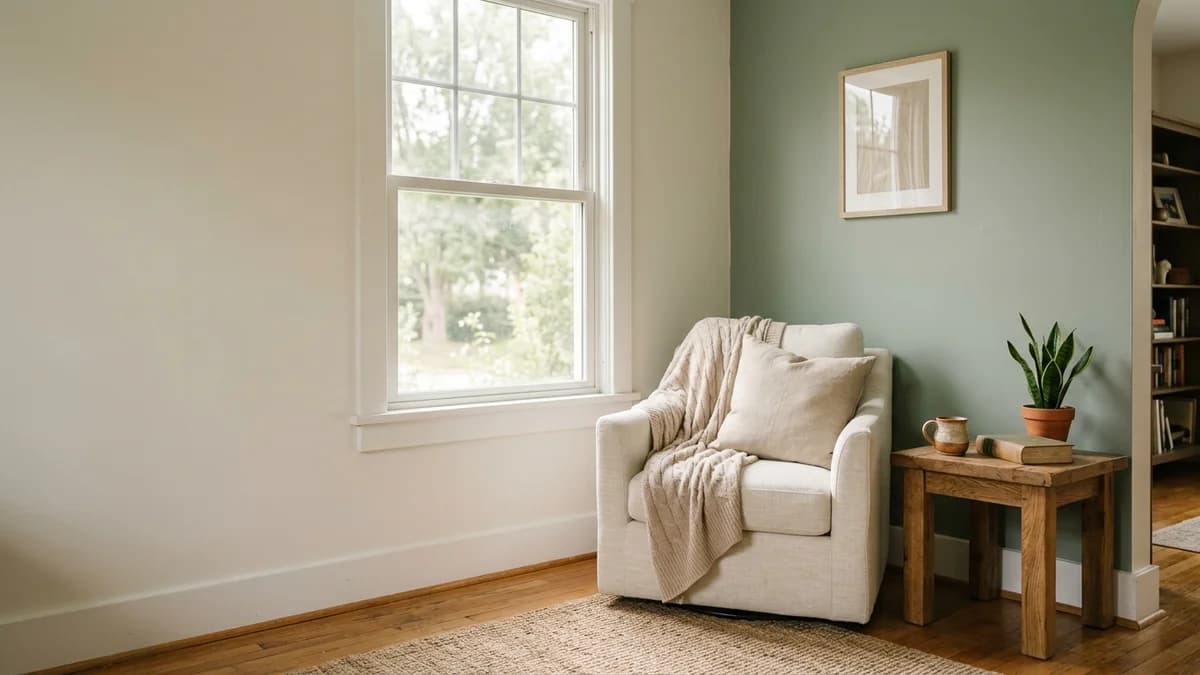 A living room corner demonstrating light reflectance value with a high LRV off-white wall next to a mid-LRV sage green accent wall.