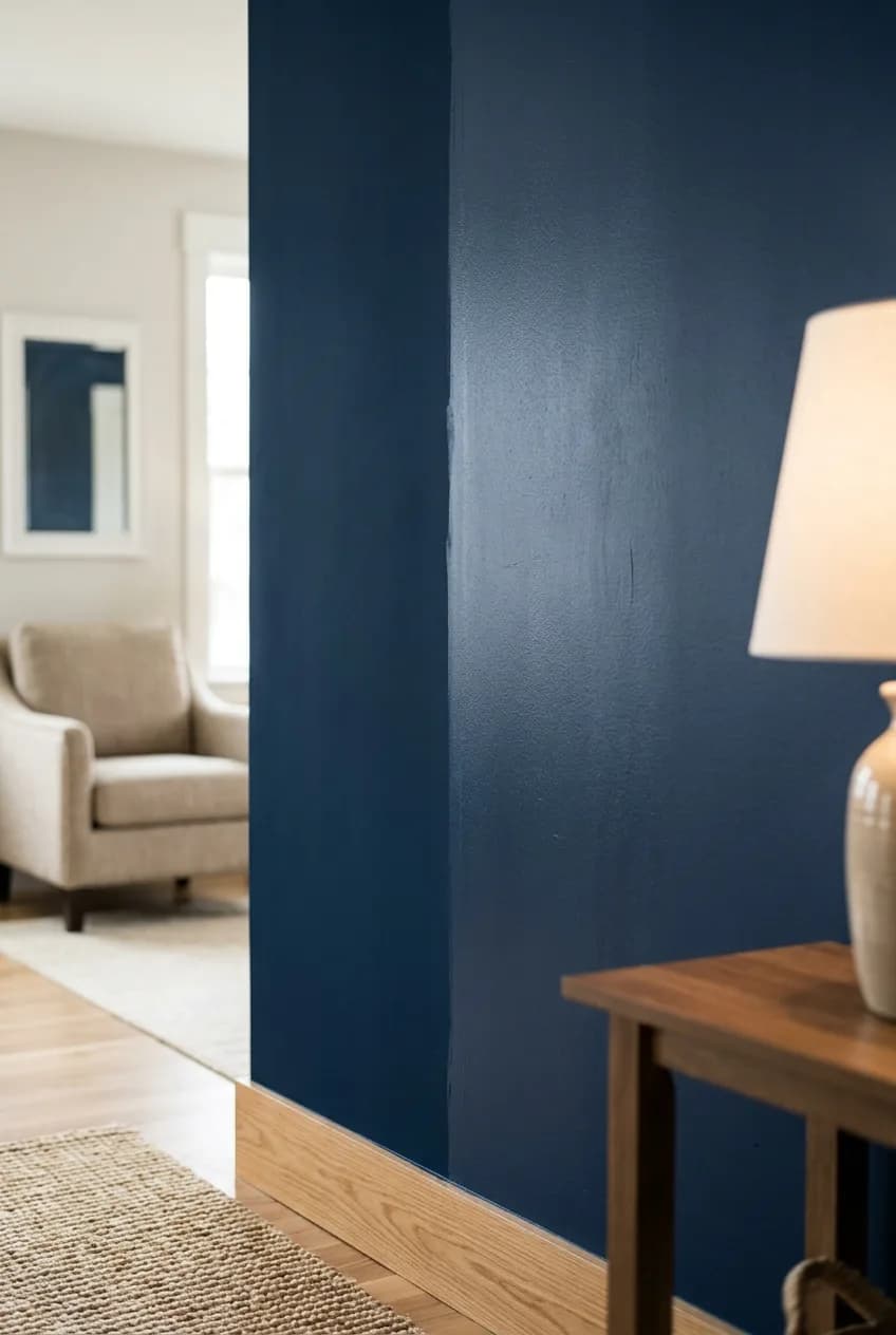 A split wall showing how light reflectance value is affected by paint sheen, comparing a matte finish to a semi-gloss finish in the same color.