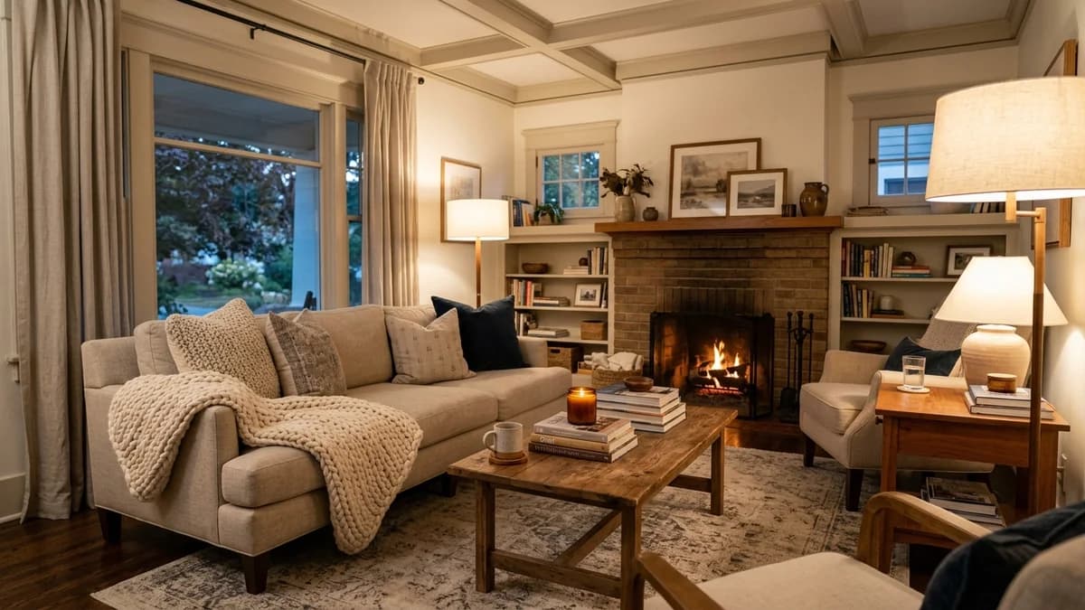 A cozy living room that no longer feels cold, featuring layered lighting, a textured rug, and warm blankets on the sofa.