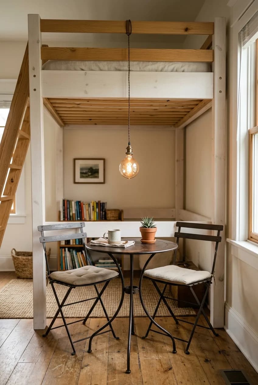 Creating a dining nook under a loft bed is a great idea for small apartments; this one features a bistro table and chairs.