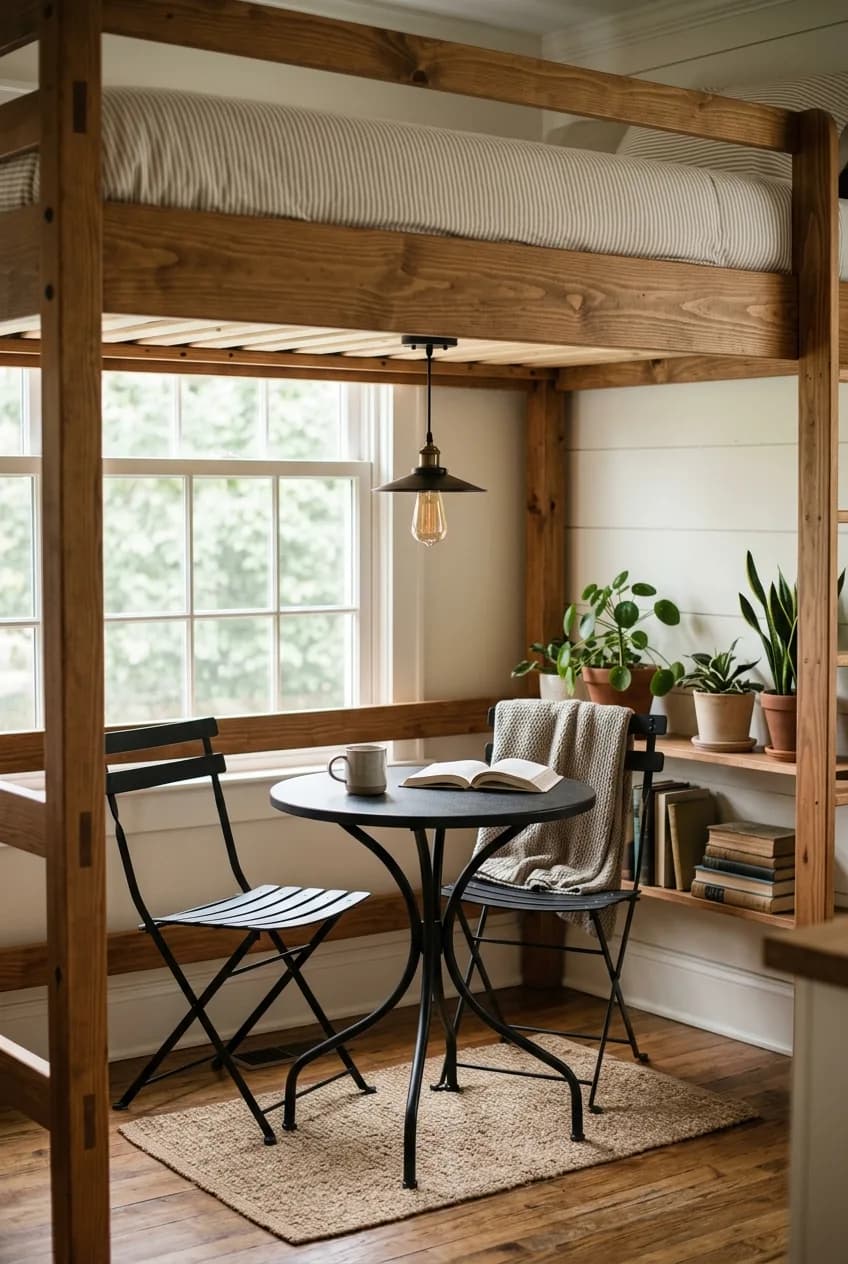 Creating a dining nook under a loft bed is a great idea for small apartments; this one features a bistro table and chairs.