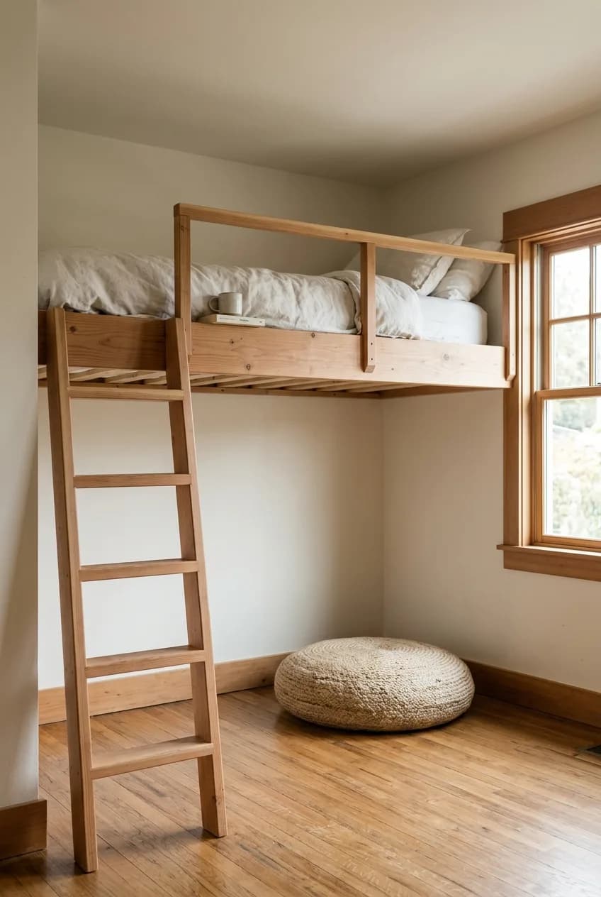 An airy loft bed idea for small apartments: a floating, wall-mounted bed frame that maximizes visible floor space.