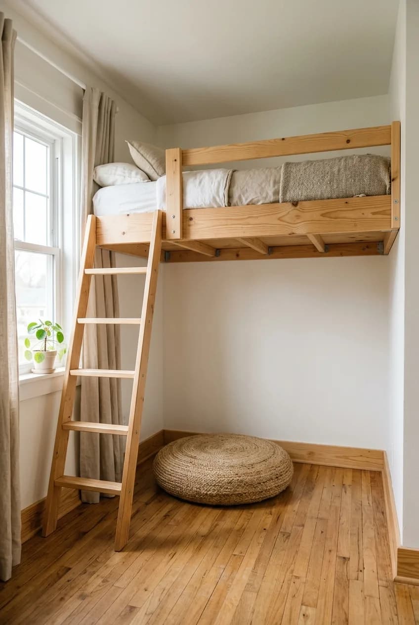 An airy loft bed idea for small apartments: a floating, wall-mounted bed frame that maximizes visible floor space.
