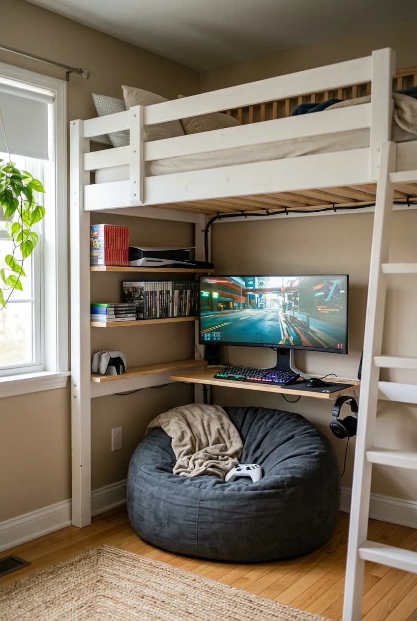 A loft bed idea for small apartments is to create a cozy gaming den underneath, complete with a monitor and beanbag chair.