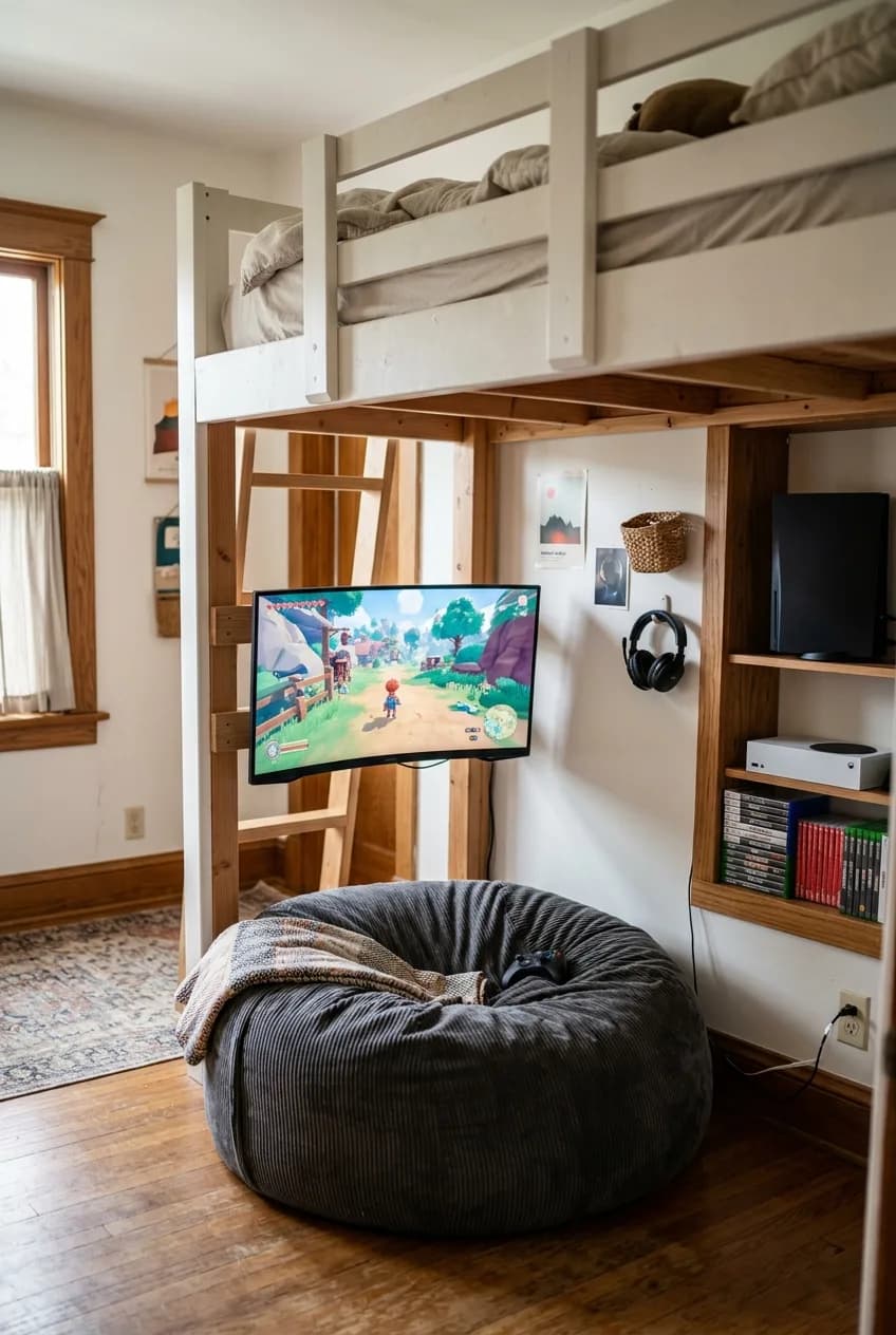A loft bed idea for small apartments is to create a cozy gaming den underneath, complete with a monitor and beanbag chair.