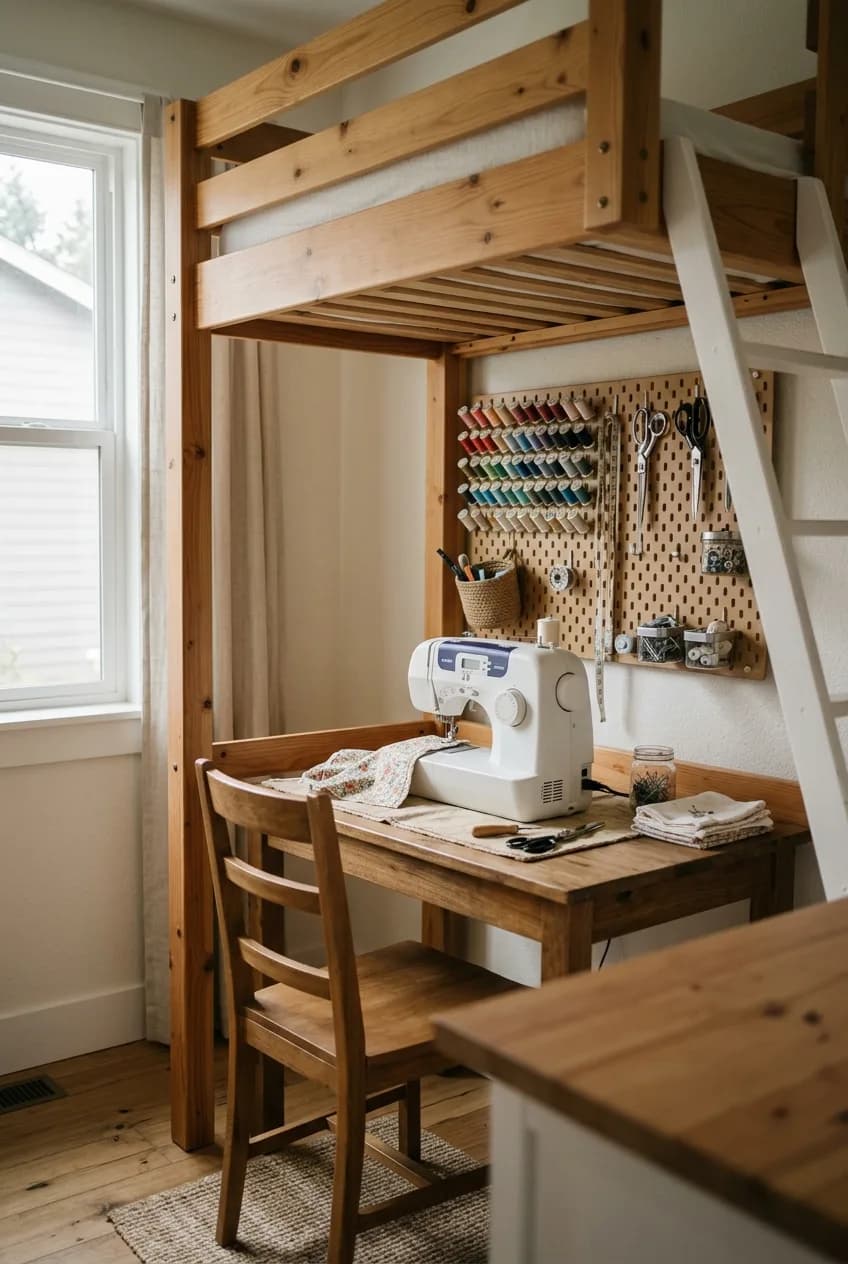 A hobby corner for sewing is set up under a loft bed, an inspiring idea for utilizing space in small apartments.