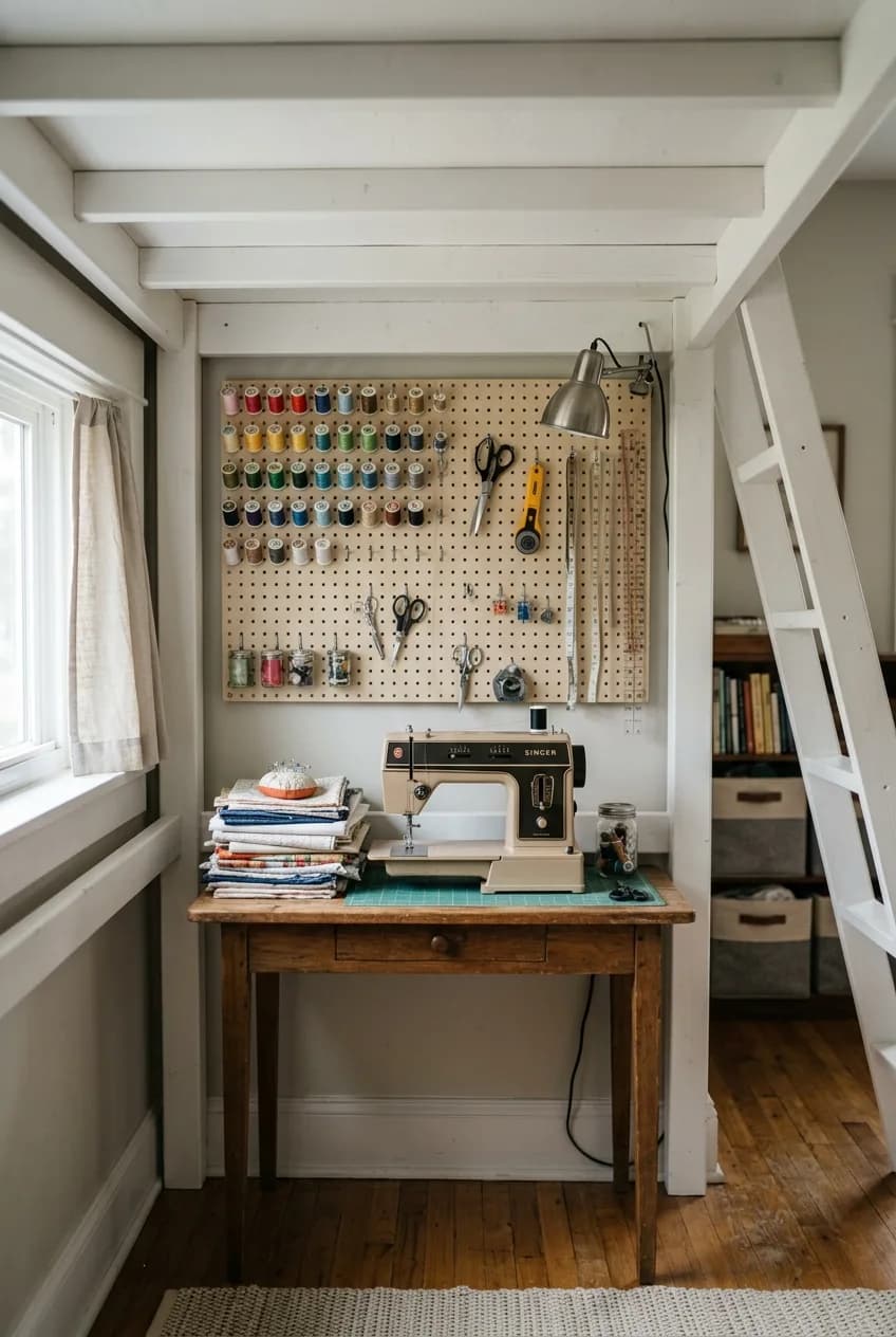 A hobby corner for sewing is set up under a loft bed, an inspiring idea for utilizing space in small apartments.