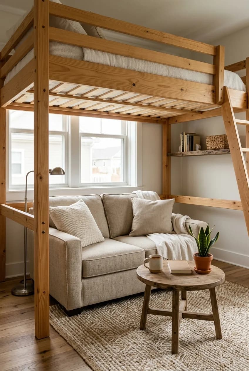 A mini living room, one of many loft bed ideas for small apartments, features a small sofa and rug neatly placed under the bed.