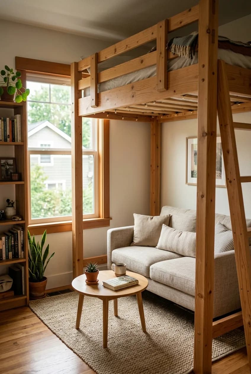 A mini living room, one of many loft bed ideas for small apartments, features a small sofa and rug neatly placed under the bed.