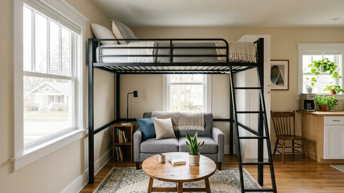 A key loft bed idea for small apartments: a multi-functional setup with a living room nook situated underneath a stylish lofted sleeping area.