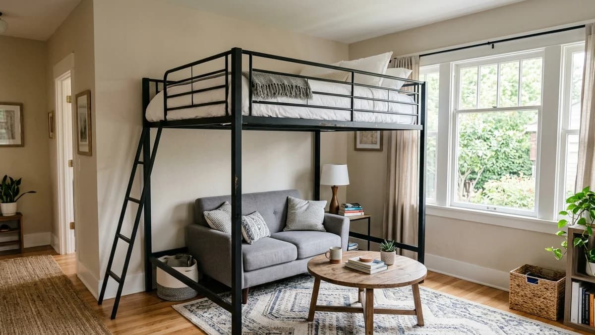 A key loft bed idea for small apartments: a multi-functional setup with a living room nook situated underneath a stylish lofted sleeping area.