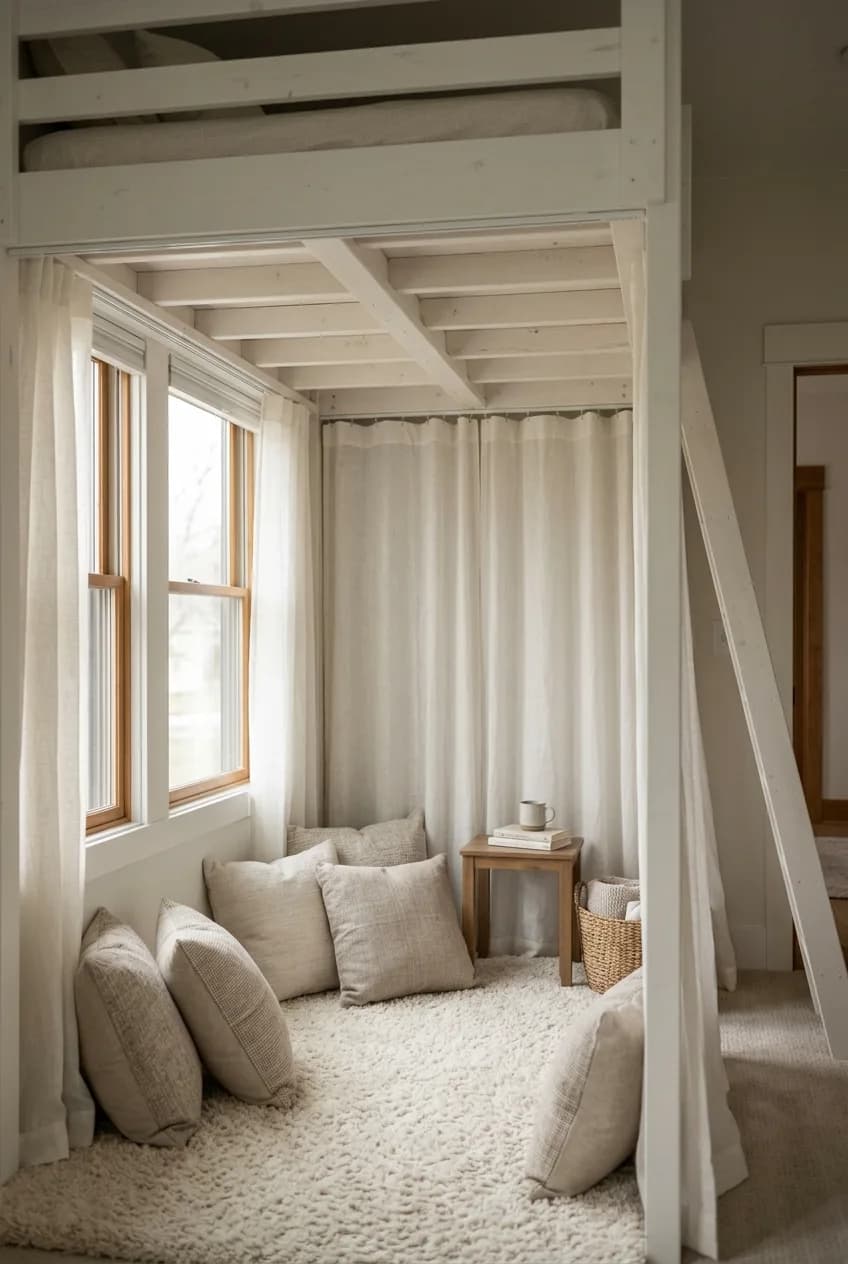 A tranquil reading retreat, an excellent loft bed idea for small apartments, is created with floor cushions and sheer curtains.