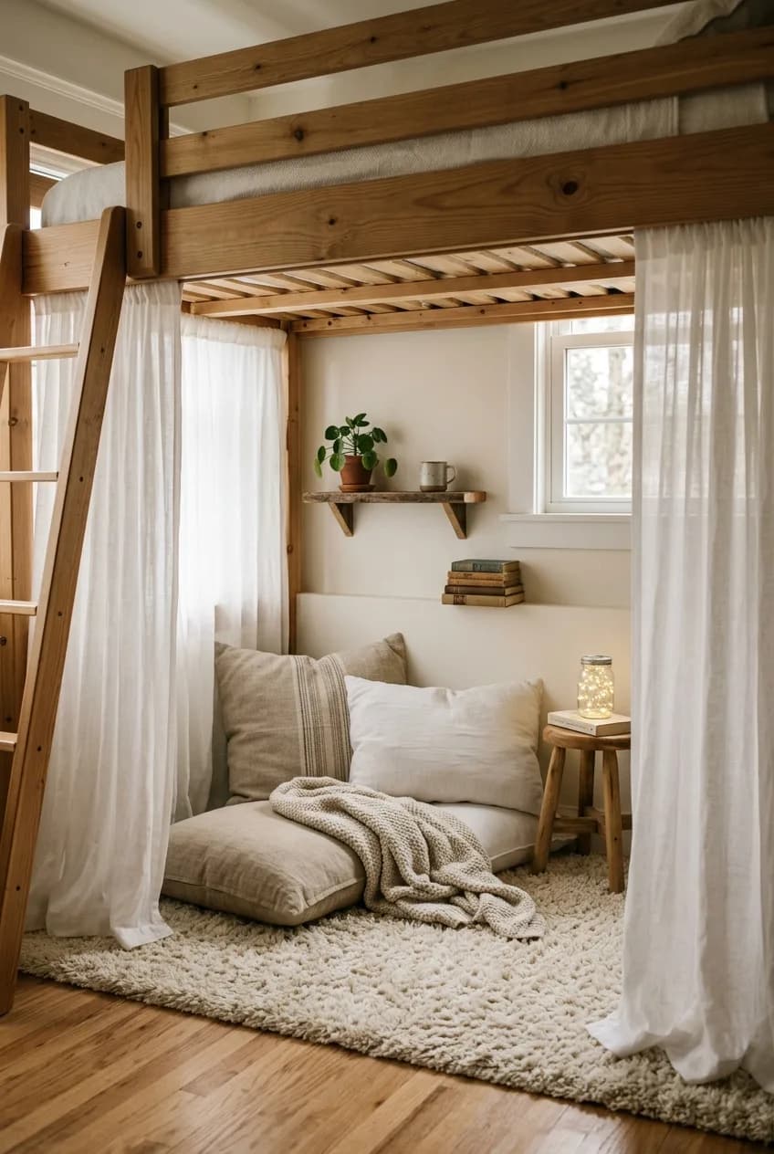 A tranquil reading retreat, an excellent loft bed idea for small apartments, is created with floor cushions and sheer curtains.