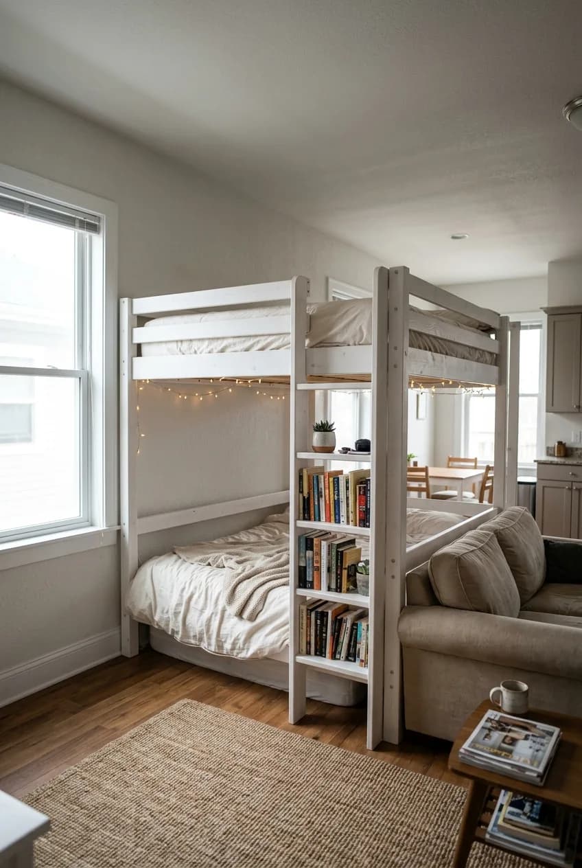 A loft bed with a bookshelf end is used as a room divider, a clever layout idea for small apartments.