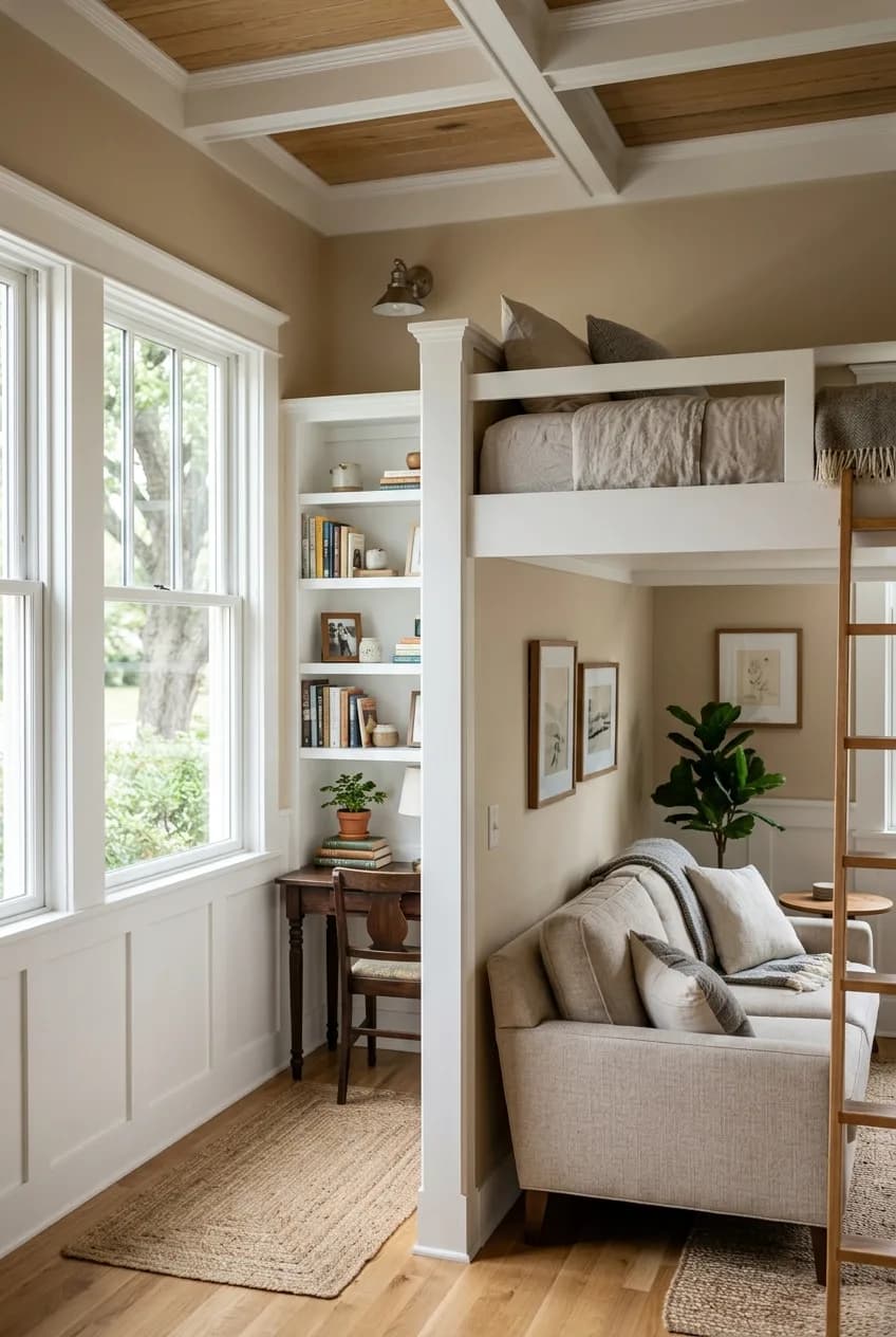 A loft bed with a bookshelf end is used as a room divider, a clever layout idea for small apartments.