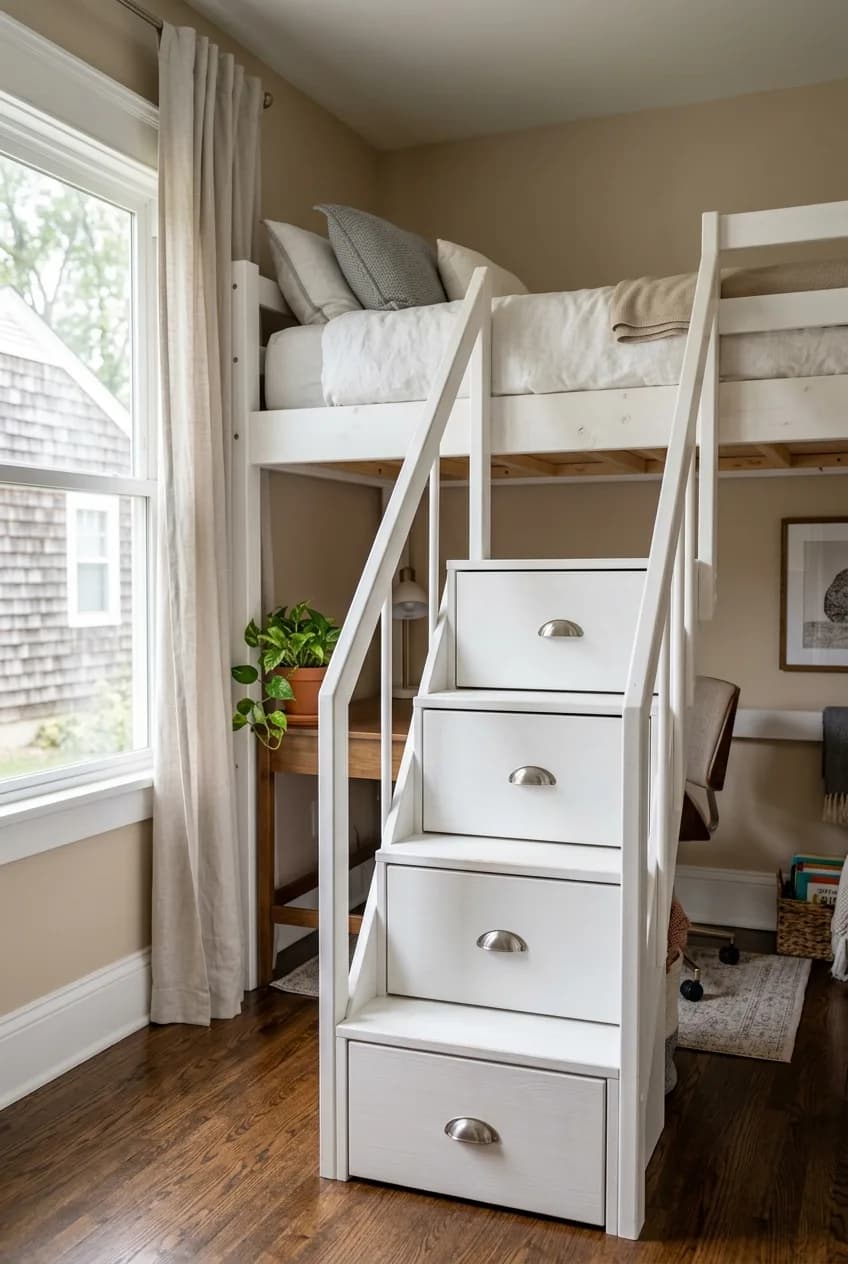 Loft bed ideas for small apartments include a model with a storage staircase, where each step is a built-in drawer.