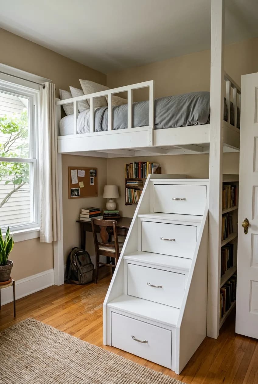 Loft bed ideas for small apartments include a model with a storage staircase, where each step is a built-in drawer.