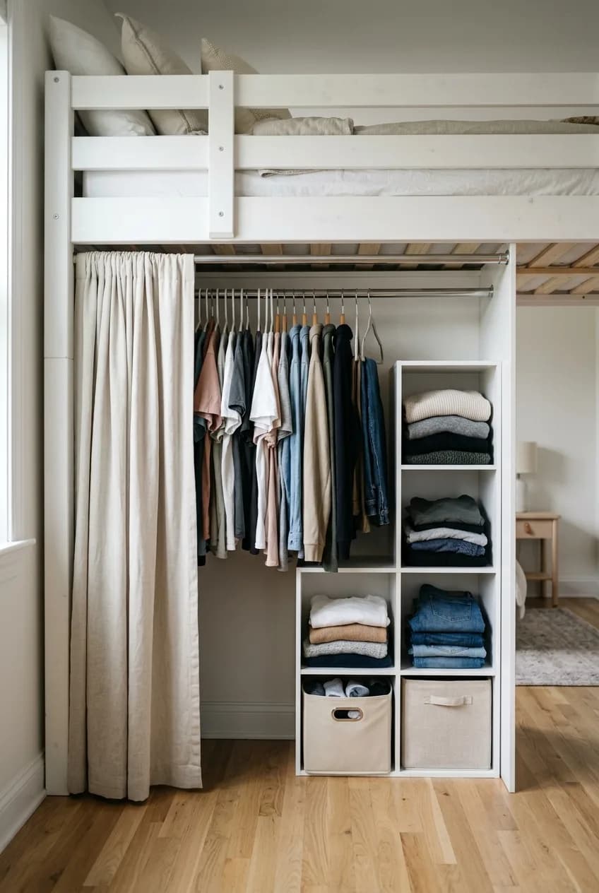 A custom walk-in closet is cleverly built under a loft bed, a practical storage idea for small apartments.