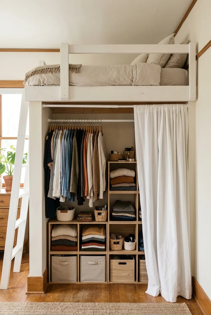 A custom walk-in closet is cleverly built under a loft bed, a practical storage idea for small apartments.