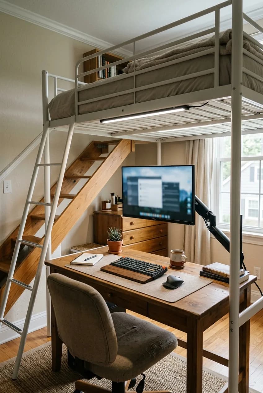 Loft bed ideas for small apartments showing a work-from-home nook with a monitor mounted directly to the bed frame.