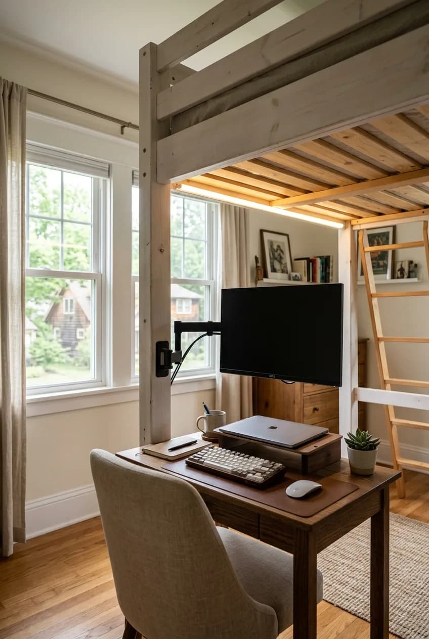 Loft bed ideas for small apartments showing a work-from-home nook with a monitor mounted directly to the bed frame.