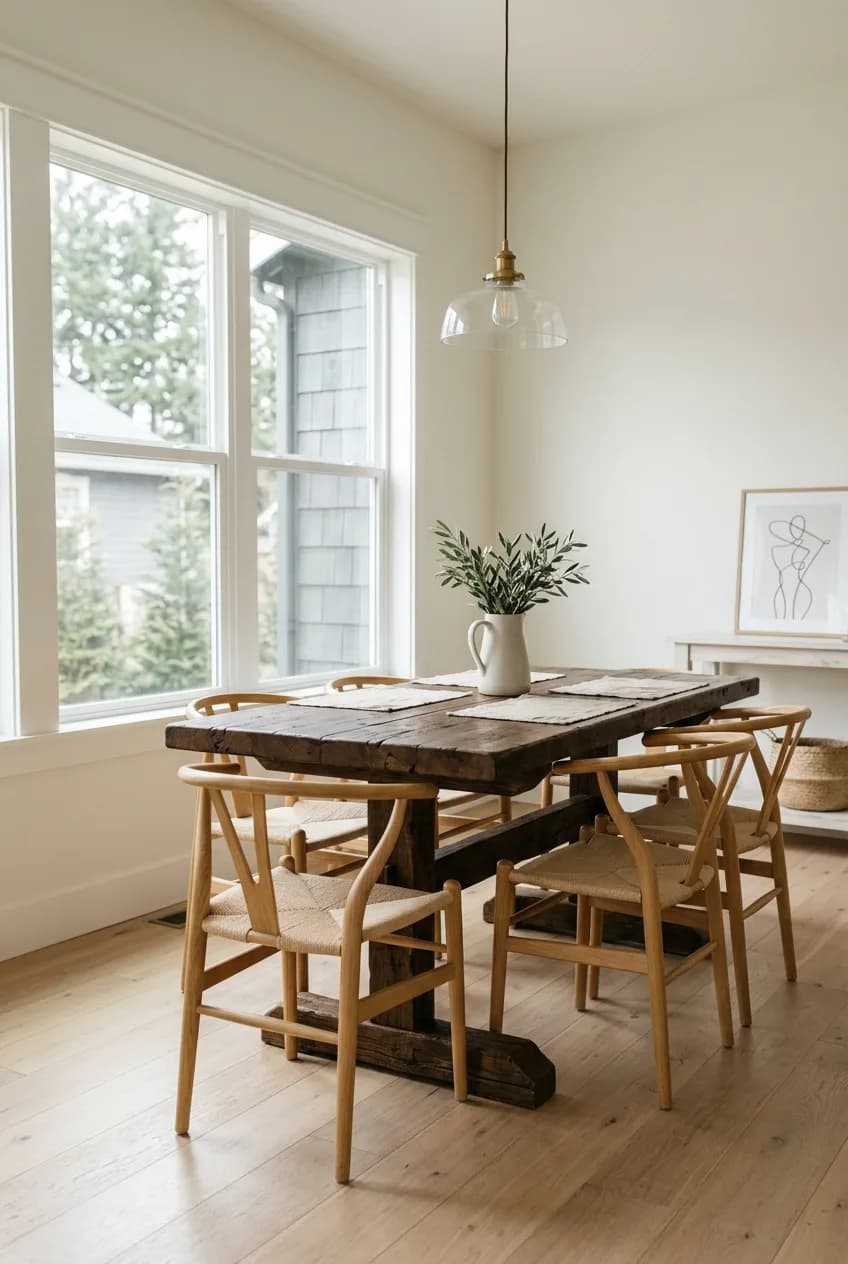 The 80/20 rule for mixing furniture styles, demonstrated by a rustic dining table surrounded by modern chairs.