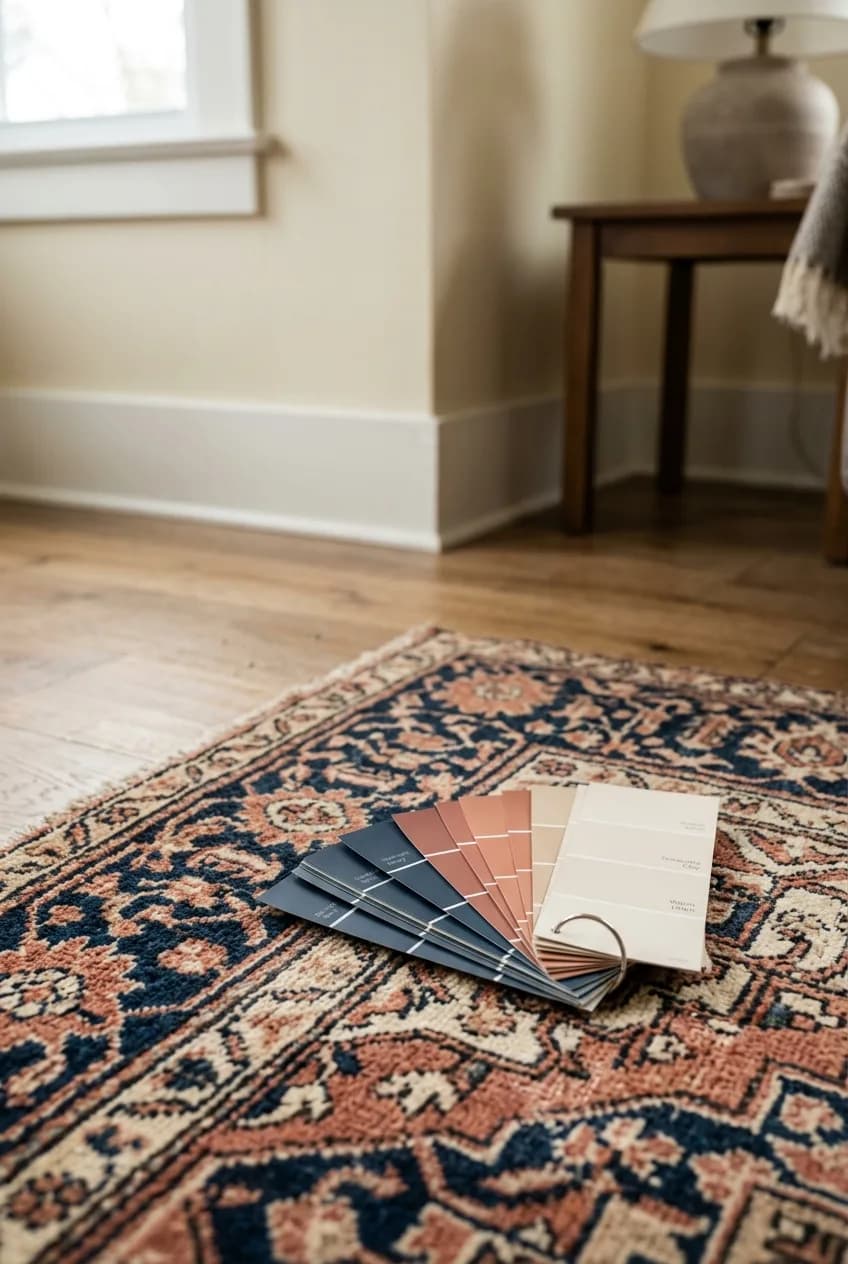 A unifying color palette of paint swatches chosen from a patterned rug to help mix furniture styles.