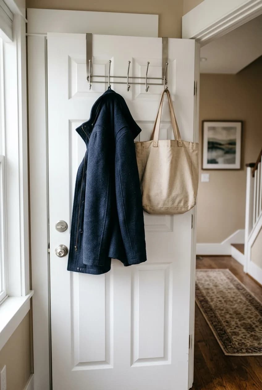 A heavy-duty metal over-the-door rack holding a coat, demonstrating effective back-of-door mudroom storage ideas for small entryways.