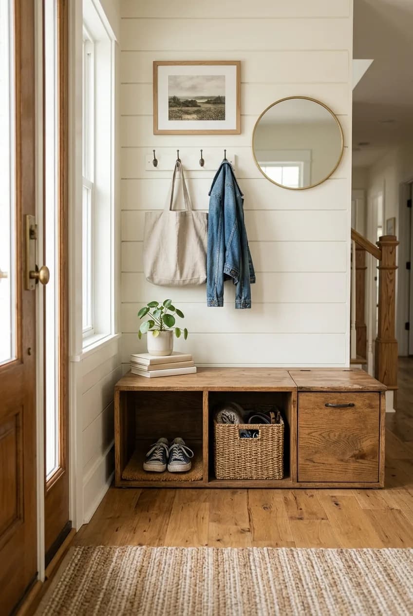A multi-functional storage bench, a key component of mudroom storage ideas for small entryways, featuring both open and concealed sections.