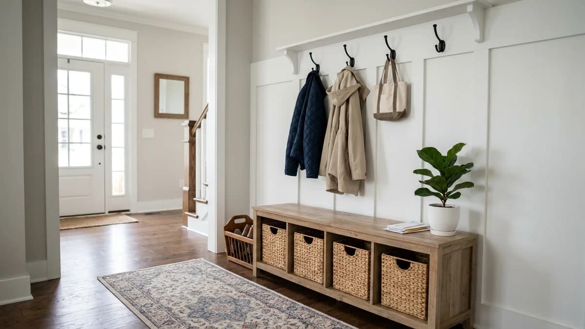 A stylish hall tree and bench combination demonstrating mudroom storage ideas for small entryways in a functional drop zone.