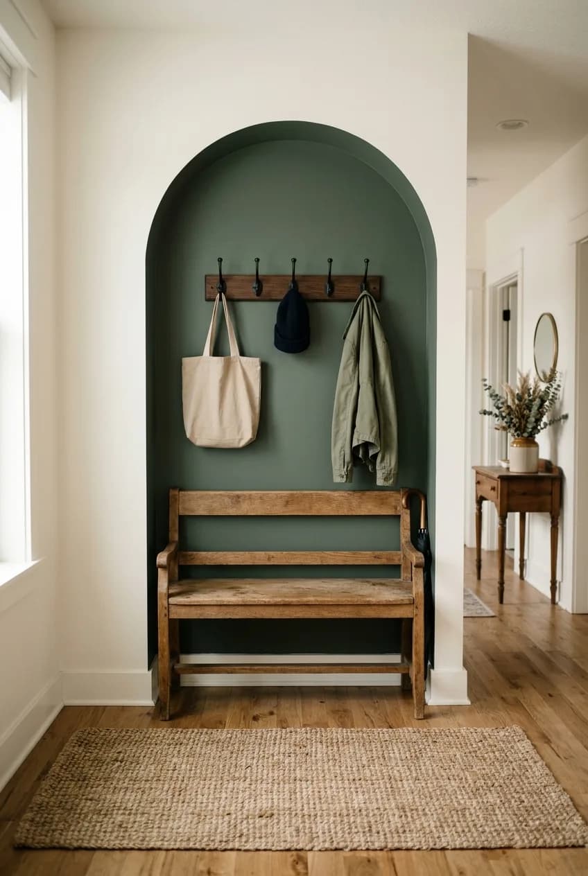 A painted arch on a wall creating a defined 'drop zone,' a visual trick for mudroom storage ideas for small entryways.