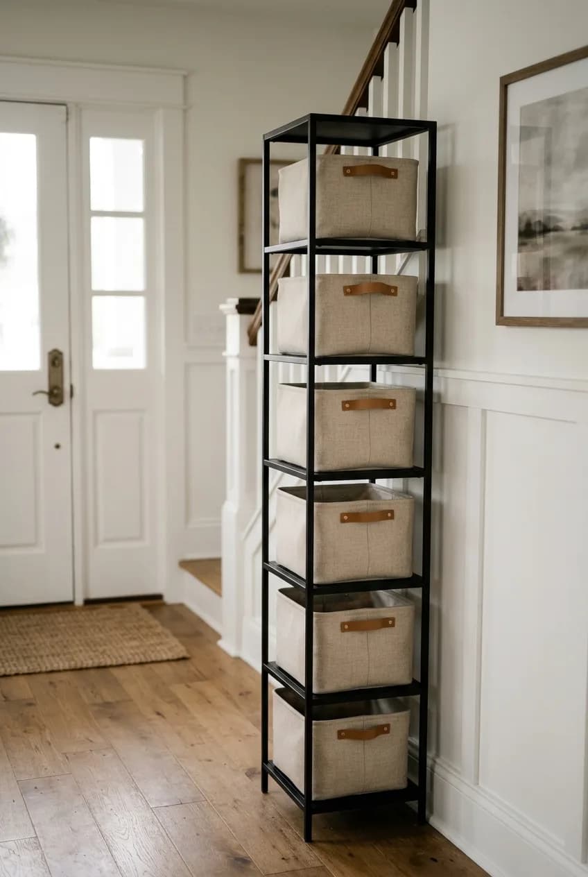 A narrow bookcase with storage baskets on each shelf, a creative take on mudroom storage ideas for small entryways.