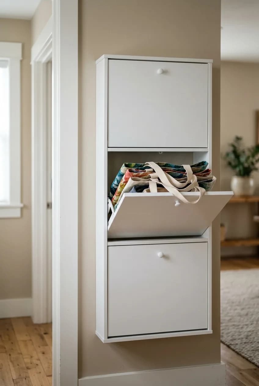 Slim, wall-mounted cabinets used for storing bags, a smart example of concealed mudroom storage ideas for small entryways.