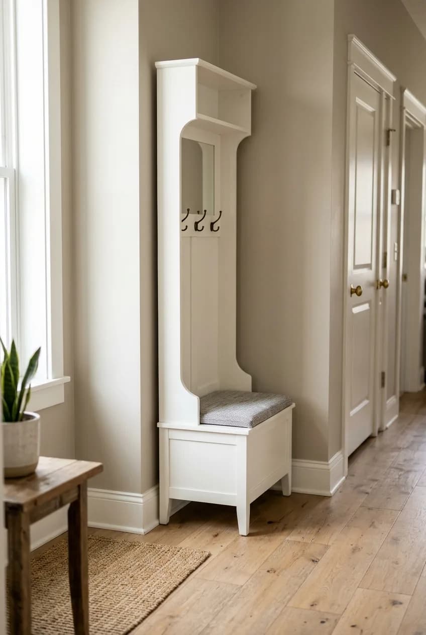 A narrow hall tree with a mirror, demonstrating vertical mudroom storage ideas for small entryways.