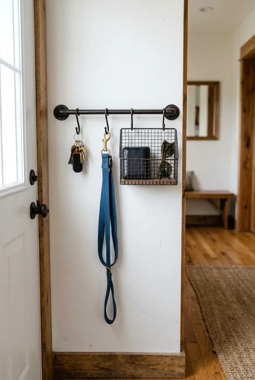 A versatile wall-mounted rail system with hooks and baskets, illustrating clever mudroom storage ideas for small entryways.
