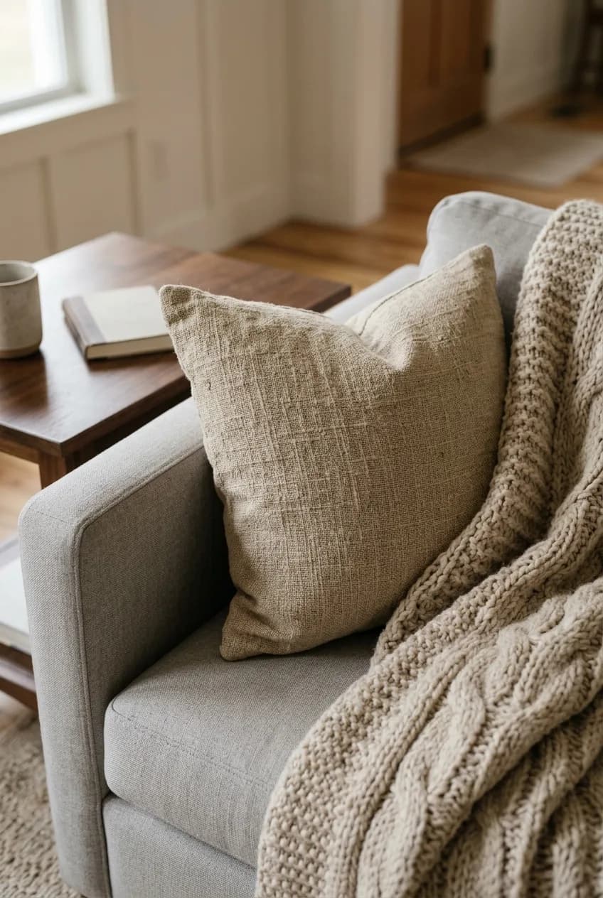 A detail shot showing how to fix a boring neutral room by layering textures like a linen pillow and a chunky knit throw on a sofa.