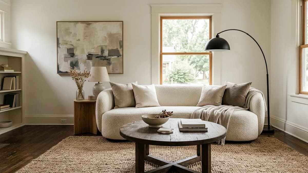 How professionals avoid a boring neutral room: a sophisticated living room with layered textures like bouclé, linen, and jute.