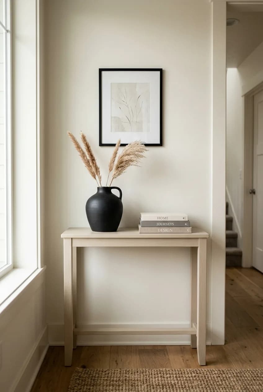 A matte black vase on a console table demonstrates how a single point of contrast can fix a boring neutral room.