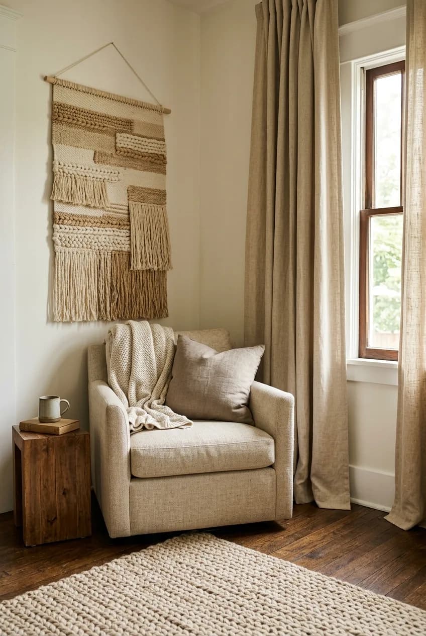 Soft materials used to solve a chaotic open-plan space by reducing noise, showing a thick rug, heavy curtains, and a textile wall hanging.