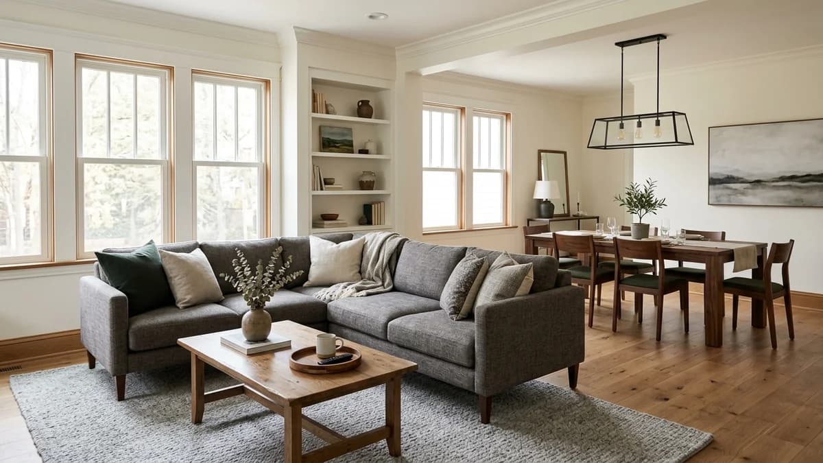A calm and spacious open-plan living area that solves the problem of a chaotic space through clear zoning with a large rug and a dining pendant light.