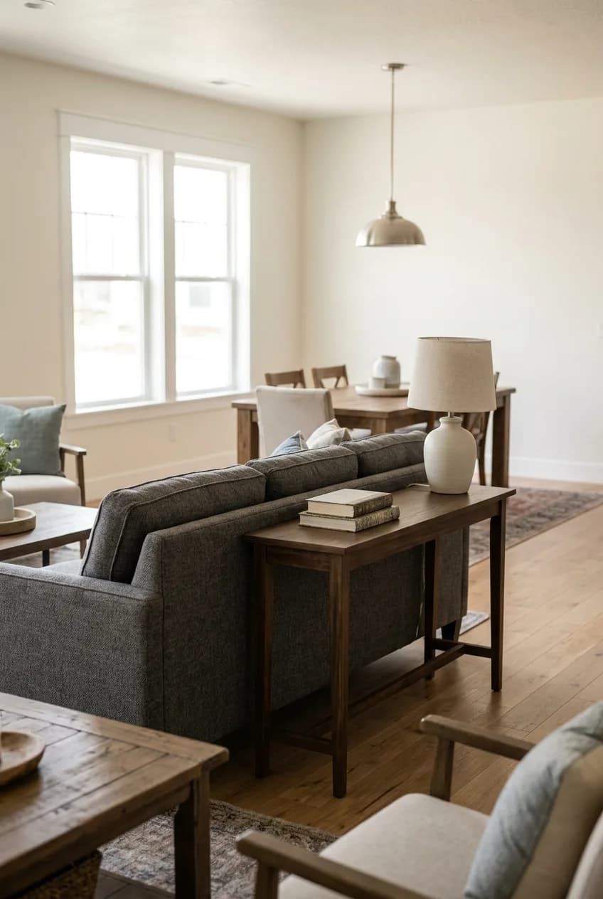 The back of a sofa with a console table behind it used to solve a chaotic open-plan space by creating a clear zone for the living room.