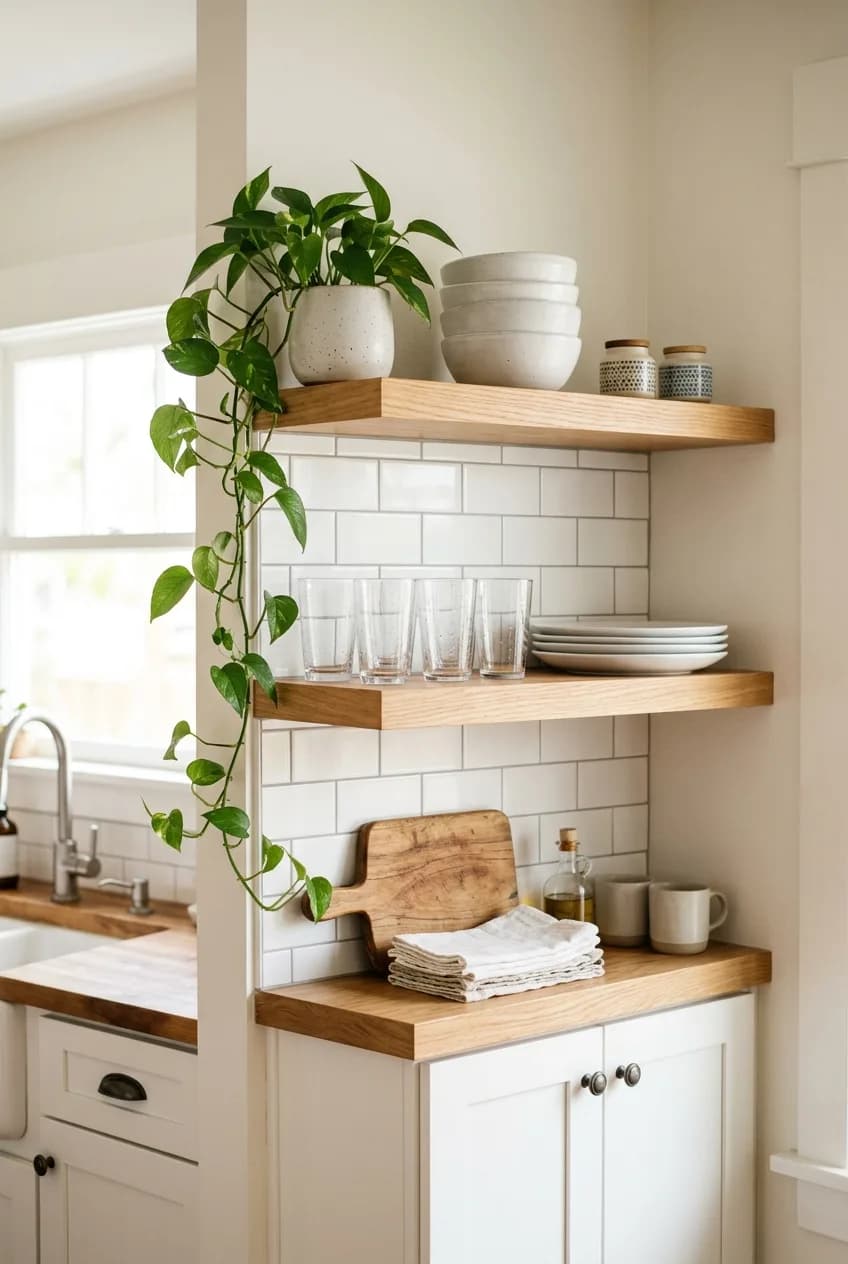 Pros of open shelving in a small kitchen shown by light wood shelves with neat white dishes creating an airy feel.
