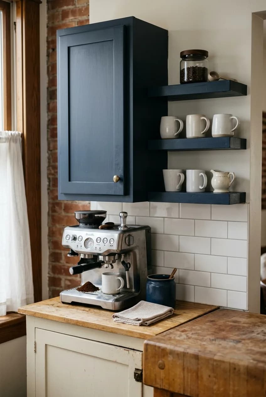A hybrid solution for open shelving vs upper cabinets: a kitchen with a blue cabinet next to matching open shelves for coffee mugs.