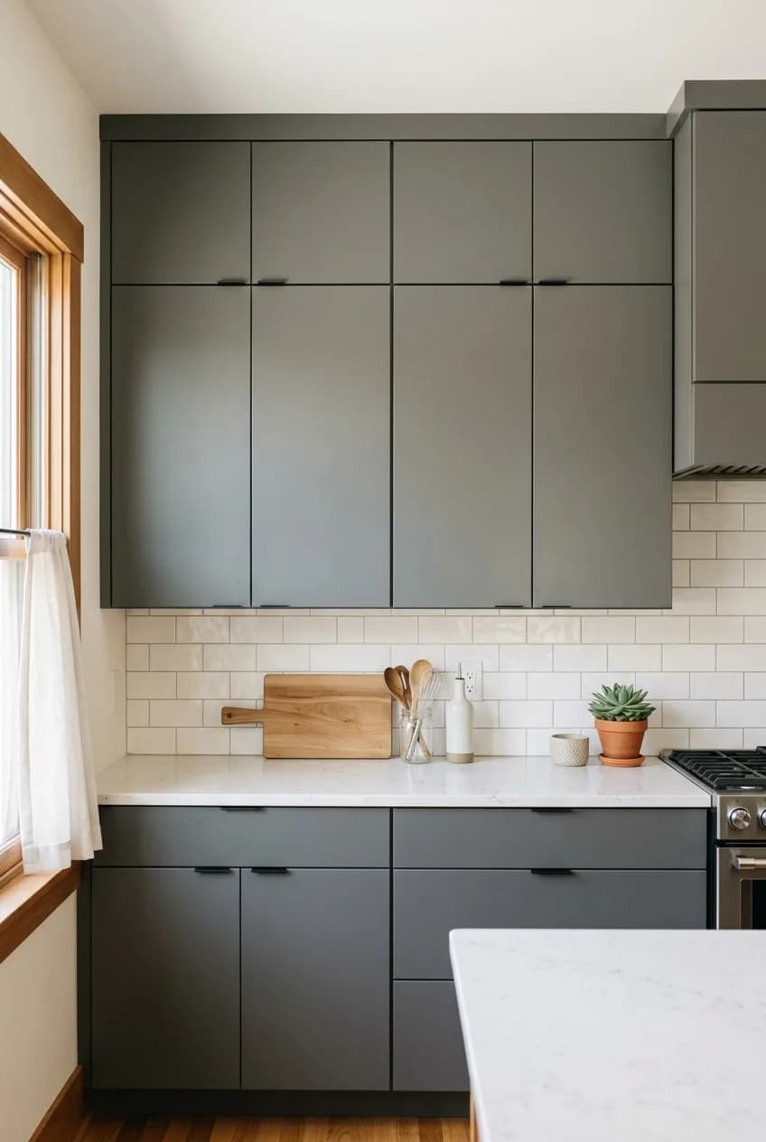 Pros of upper cabinets in a small kitchen demonstrated by a row of clean, closed gray cabinets for a serene look.
