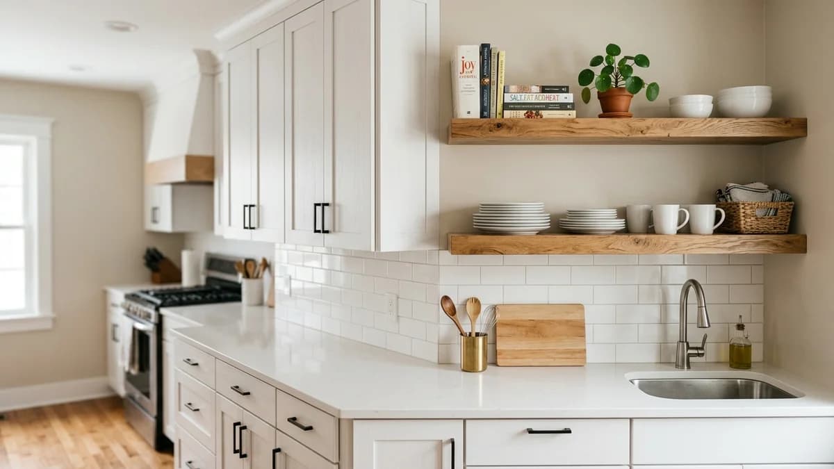 An example of open shelving vs upper cabinets pros and cons: a small kitchen with a stylish hybrid design of white cabinets and natural wood shelves.