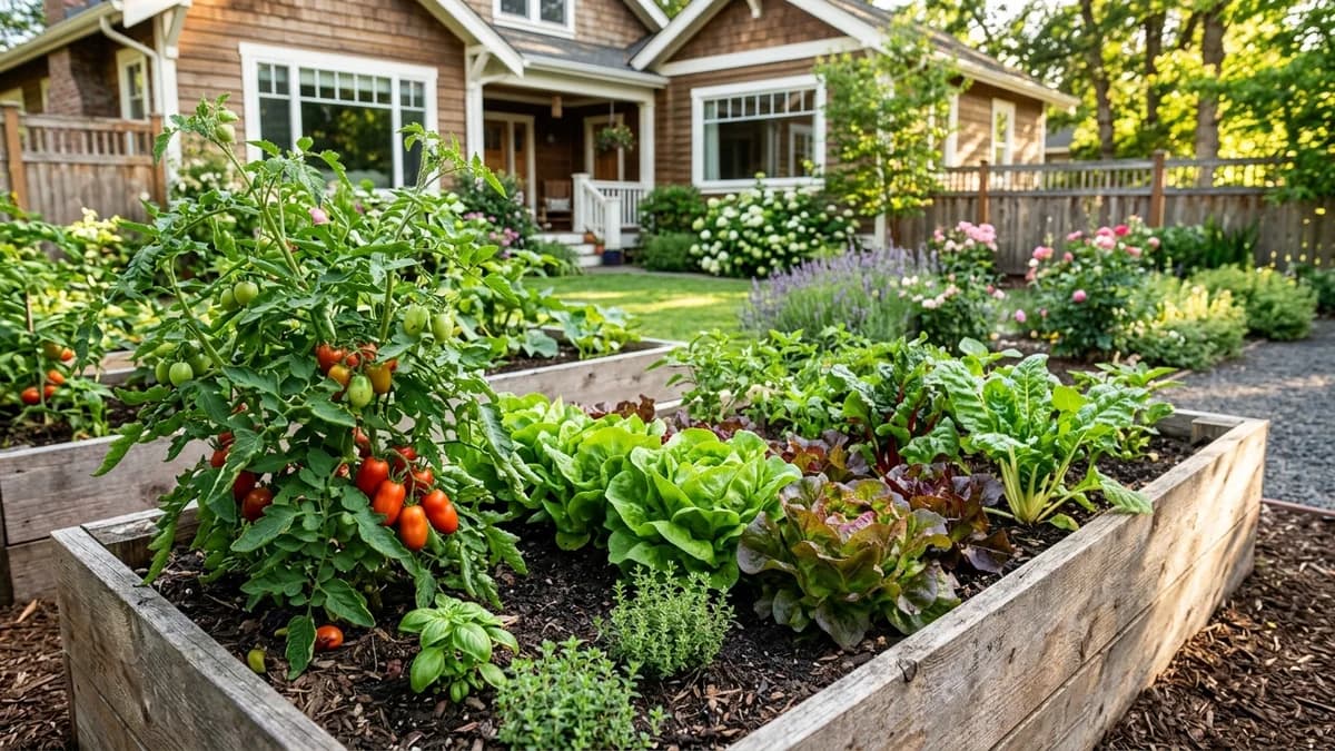 An ideally spaced raised bed harvest showing how proper plant distance prevents overcrowding and leads to healthy vegetables.